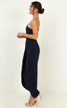 Felt So Happy Dress In Navy | Showpo Fitted Strapless Dress With Asymmetrical Neckline For Prom, Elegant Strapless Dress With Ruched Bodice And Asymmetrical Neckline, Sleek Midi Prom Dress, Sleek Midi-length Prom Dresses, One-shoulder Dress With Fitted Bodice For Date Night, One-shoulder Midi Dress For Prom, One Shoulder Bridesmaid Midi Dress, Satin Maxi Dress With Asymmetrical Neckline For Date Night, Elegant Strapless Asymmetrical Dress For Formal Occasions