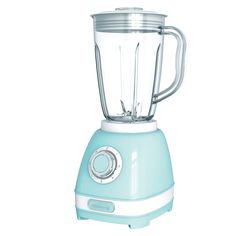 a blue blender sitting on top of a white table