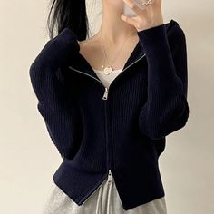 Color: Black, Size: Free Size Winter Knitting, Cardigans Women, Women Korean Fashion, Chic Shirts, Zippered Cardigan, Collar Cardigan, Cardigan Fashion, Casual Style Outfits, Clothing Size Chart