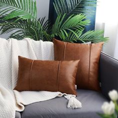 two brown and white pillows sitting on top of a couch next to a potted plant