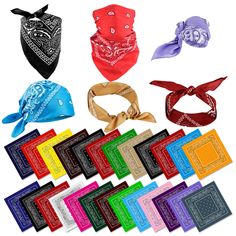 many different bandanas are shown in various colors