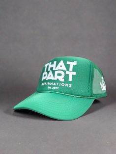 That Part Trucker Hat 100% polyester front that has that part with a snap back. The Trucker hats come in Black, green, red, purple, and blue. This comfortable hat also comes with a sweat band inside. No more sweat in the eyes. Affirmation Clothing, Sweat Band, Snap Back, Snap Backs, Red Purple, Trucker Hats, Black Green, Trucker Hat, Apparel Accessories