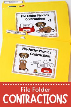 two file folders with the words file folder activities on them and an image of a dog