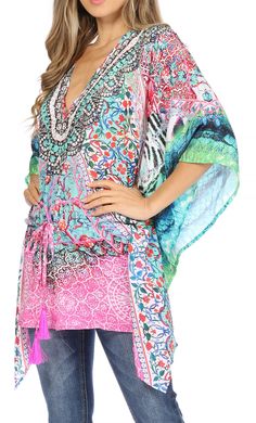 One Size : Bust 56"(142 cm), Length 30" (76 cm) US 0-26W, EU 30-56, UK 4-30. Follow care instructions to have this lovely garment last you and preserve colors. Gentle cycle or Hand wash cold, hang dry. Do not bleach. Dry clean recommended. CAFTAN/TOP/TUNIC/PULLOVER: Danis, the perfect lightweight casual summer top. This lovely garment features a V-neck, colorful print, embellishment at front, loose/relaxed style, ties at waist, short sleeves. Ideal for everyday wear, easily transitions from casu Oversize Casual, Casual Summer Tops, Leggings Sale, Caftan Dress, Stretch Leggings, Boho Top, Dress Cover, Swimwear Cover, Casual Pullover