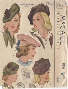 1942 WW2 Vintage Sewing Pattern HAT S22" (R131) | eBay 40s Mode, 1940s Hats, Vintage Letters, Fashion 1940s, Look Retro, Millinery Hats, Retro Mode, Vintage Hat, Vintage Mode