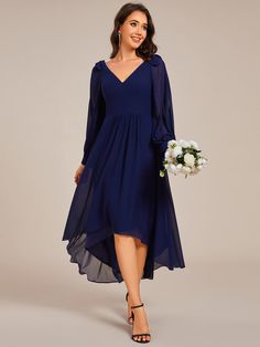 Long Sleeve V-Neck Midi Asymmetrical Hem Chiffon Bridesmaid Dress #color_Navy Blue Modern Bridesmaids, Modern Bridesmaid, Navy Blue Bridesmaid Dresses, Ever Pretty, Bridesmaid Style, Chiffon Material, Chiffon Bridesmaid Dress, Draped Fabric, Chiffon Bridesmaid