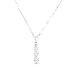 This elegant necklace showcases a vertical trio of round lab-created diamonds that subtly graduate in size from top to bottom. More round lab-created diamonds shimmer on the bail for a total lab-created diamond weight of 3/4 carat. The lab-created diamonds are independently certified and are styled in polished 14K white gold with a rhodium finish. The pendant sways from an adjustable 18-inch cable chain that secures with a spring ring clasp. From the Lab-Created Diamonds by KAY collection. 3 Stone Necklace, 3 Diamond Necklace, Magic Necklace, Formal Necklace, Bridal Diamond Jewellery, Diamond Necklace Set, Kay Jewelers, Elegant Necklace, Accessories Jewelry Necklace