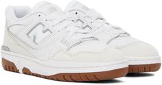 Low-top paneled suede, grained leather, and mesh sneakers in white and off-white. Perforated detailing throughout. · Lace-up closure · Logo patch at padded tongue · Padded collar · Logo appliqué at sides · Logo embossed at outer side · Logo bonded at heel counter · Textured rubber midsole · Treaded rubber outsole Supplier color: White/Gum New Balance For Women, New Balance White, Mesh Sneakers, Sneakers White, Low Top, Patch Logo, New Balance, Gum, Color White