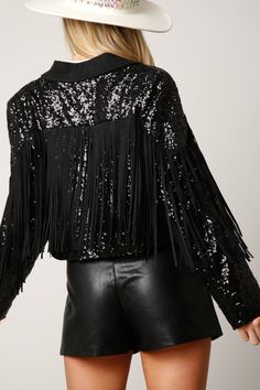 Sequins Biker Jacket with Fringe in black style #: IJ38526-02 Spring Biker Outerwear For Party, Spring Party Biker Outerwear, Black Biker Jacket For Party In Winter, Black Biker Jacket For Winter Party, Edgy Long Sleeve Cropped Jacket For Party, Winter Party Black Biker Jacket, Black Long Sleeve Biker Jacket For Party, Black Cropped Jacket For Party With Long Sleeves, Black Cropped Jacket For Fall Night Out