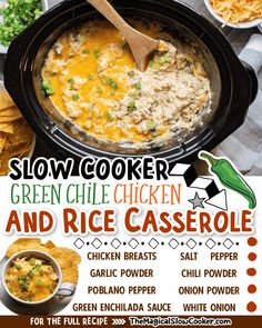 the flyer for slow cooker green chile chicken and rice casserole is shown