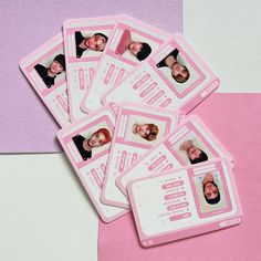 six pink stickers with pictures of people in them on a pink and white background