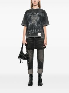 Find MIHARA YASUHIRO Slogan-print T-shirt on Editorialist. black cotton lightweight jersey distressed effect all-over slogan print crew neck short sleeves cat print to the front logo patch to the side straight hem Cat Print, Black Cotton, Patch Logo, Black Shirt, Print T Shirt, Short Sleeves, Crew Neck, T Shirt, Black