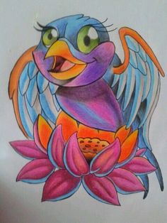 a drawing of a bird sitting on top of a flower