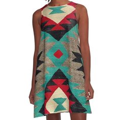 Loose-fit, mid-length sleeveless dress with silky handfeel. Printed on both sides. Machine washable. Size range XS-2XL. Navajo Blanket pattern, turquise, red, grey, black Navajo Blanket Pattern, Navajo Dress, Navajo Blanket, Woven Dress, Dress For Sale, Red And Grey, Blanket Pattern, Dress Fabric, Mid Length