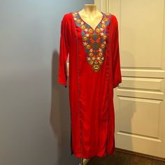 Size Large Red Shalwar Khameez Top Pakistani Or Indian Or Bangladeshi Style Kashmala Collection Chest Size 40 Inches Red And Blue Pattern No Pants Or Scarf In Excellent Condition Never Worn Traditional Red Long Sleeve Kaftan, Red Long Traditional Wear With Dabka Work, Traditional Red Kaftan For Festival, Red V-neck Kurta For Festivals, Red Embroidered Party Kurta, Traditional Red Kurta For Spring, Traditional Red Salwar Kameez Long, Red Traditional Wear With Zari Work For Summer, Red Anarkali Kaftan With Long Sleeves