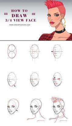 how to draw a woman's face with different angles and hair styles, including the head