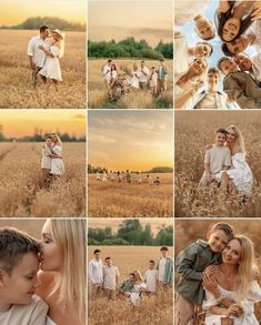 a collage of people standing in a field with one woman kissing the other man