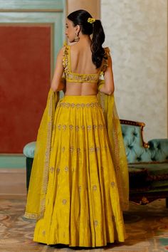 Lime yellow lehenga with floral woven motifs and cutdana, bead, sequin embroidery in floral pattern. Paired with zari embroidered padded blouse and pure tissue dupatta. - Aza Fashions Fitted Gold Lehenga With Chikankari Embroidery, Yellow Traditional Drape Gown, Yellow Anarkali Set With Chikankari Embroidery For Reception, Yellow Pre-draped Saree With Dupatta For Reception, Gold Chikankari Embroidery Sets For Reception, Elegant Yellow Embroidered Lehenga, Gold Sets With Chikankari Embroidery For Reception, Yellow Sleeveless Wedding Gown, Festive Yellow Sets With Intricate Embroidery