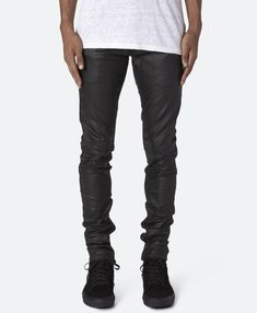 Modern Black Bottoms With Zip Fly, Modern Black Bottoms With Five Pockets, Black Stretch Leather Pants For Streetwear, Leather Bottoms For Spring Streetwear, Spring Leather Bottoms For Streetwear, Edgy Black Slim Fit Bottoms, Black Slim Fit Edgy Bottoms, Black Leather Pants With Five Pockets, Modern Black Fall Bottoms