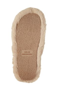 Plush faux fur straps and a footbed envelop your feet in comfort, allowing you to lounge in style. Polyester faux fur upper and lining/rubber sole Imported Casual Faux Fur Slippers With Plush Lining, Brown Faux Fur Casual Slippers, Casual Faux Fur Lined Slippers, Brown Casual Faux Fur Slippers, Casual Faux Fur Slippers, Casual Brown Faux Fur Slippers, Indoor Faux Fur Slippers With Plush Lining, Indoor Slippers With Plush Lining And Faux Fur, Fall Faux Fur Lined Slippers