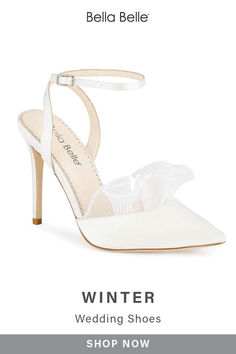 a pair of white shoes with the words winter wedding shoes shop now