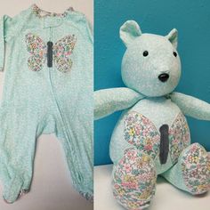 two pictures of a teddy bear with butterfly onesuits