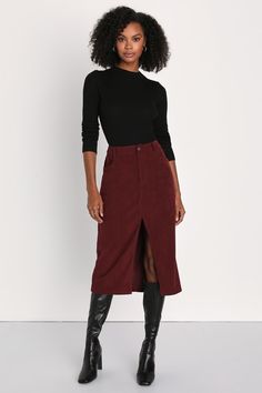 Burgundy Midi Skirt - Corduroy Midi Skirt - Midi Skirt - Lulus Burgundy Skirt Outfit, Midi Skirt Boots, Burgundy Midi Skirt, Corduroy Skirt Outfit, Corduroy Midi Skirt, Burgundy Skirt, Midi Skirt Outfit, Skirts With Boots, Lulu Fashion