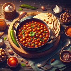 a pan filled with lots of food on top of a wooden table next to other foods