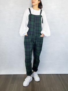 • Super comfortable and roomy overalls with adjustable straps. • Warm plaid flannel made of 100% cotton, to keep you warm in winter.  • Colors: black, green, and blue plaid. • Add or take off any pockets at no extra cost, just let me know in the comments. Options: front bib, 2 front square pockets, 2 back square pockets.• Lengthen or shorten up to 15cm / 6in at no extra cost, just let me know in the comments. | SIZES |Please check the measurements carefully. These overalls are a loose fit, but i Fall Cotton Overalls For Loungewear, Winter Cotton Jumpsuits And Rompers With Relaxed Fit, Cotton Overalls For Fall, Suspenders Jumpsuits And Rompers For Workwear In Fall, Fall Overalls With Pockets For Loungewear, Fall Loungewear Overalls With Pockets, Casual Green Jumpsuits And Rompers With Suspenders, Trendy Green Jumpsuits And Rompers For Fall, Casual Overalls And Rompers For Fall