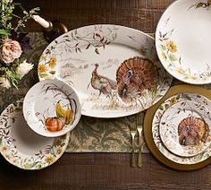 an assortment of dinnerware with turkeys on them