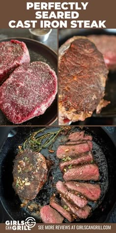 steaks being cooked in a skillet with the words perfectly seasoned cast iron steak