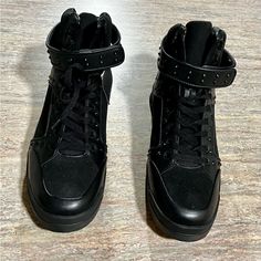 Size 43/10. No Box. Brand New With Tag Edgy Leather High-top Sneakers, Edgy Leather Lace-up Sneakers, Streetwear High-top Wedge Sneakers With Perforated Toe Box, Trendy Black Sneakers With Studded Rubber Outsoles, Trendy Black Sneakers With Studded Outsoles, Edgy High-top Sports Sneakers, Edgy High-top Sneakers For Sports, Black Edgy Sneakers For Sports, Black Lace-up Wedge Sneakers