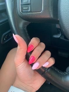 Sns Tips Nails Almond, Hot Pink To Light Pink Nails, Light Pink Hot Pink Nails, Bright Pink And Light Pink Nails, Light Pink Dark Pink Nails, Light Pink To Dark Pink Nails, Light And Hot Pink Nails, Pink Summer Nails Simple, Barbie Pink Dip Powder Nails