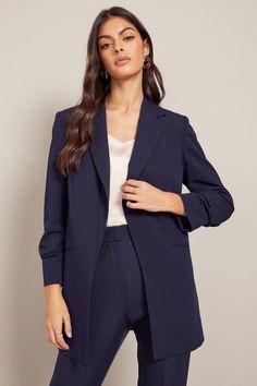 Long sleeve ruched blazer in pinstripe fabric - team with our wide leg trousers for the ultimatecool girl look. Main 95% Polyester, 5% Elastane. Lining 100% Polyester. Smart Jackets, Petite Blazer, Navy Blue Blazer, Ruched Sleeve, Long Blazer, Tailored Blazer, Navy Blazer, Casual Suit, Fitted Blazer