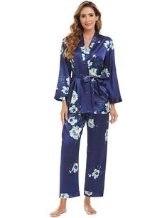 PRICES MAY VARY. 3 piece pajamas included: a cami,long sleeve robe with belt and long pants women satin pajama set with soft and smooth silky feel fabric,will keep you easeful while sleeping at night, that's ultra smooth against the skin so you can enjoy superior comfort. The unique dragon floral printing makes this silk pajamas look very luxurious and sexy Gift:The satin pj set is a perfect gift choice for your girlfriend,wife,mother,sisters or friends on birthday,Christmas Day,New Year,Valenti Long Sleeve Night Robe For Spring, Long Sleeve Robe For Pajama Party In Spring, Satin Pajamas Set, Jumpsuit Winter, Satin Pj Set, Satin Pajama, Floral Printing, Women's Sleepwear, Satin Pyjama Set