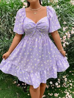 Purple Boho Collar Short Sleeve Woven Fabric Floral,Gingham,Plants,All Over Print A Line Embellished Non-Stretch  Women Plus Clothing Purple Boho Dress, Purple Dress Casual, Plus Size Women Casual, Sewing Projects Clothes, Purple Daisy, Vacation Dress, Fairy Dress, Holiday Dress, Daisy Print