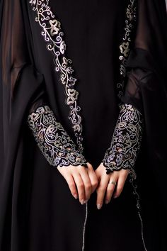 Silver and black lace cuffs abaya Abaya Designs Latest, Abaya Design, Black Abaya, Yennefer Of Vengerberg, Woman In Black, Mode Abaya, Hijabi Style, Abaya Designs, Hijabi Fashion