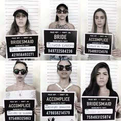 six mug shots of the same woman holding up signs