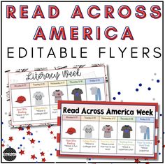 read across america editable flyers with red, white and blue stars in the background