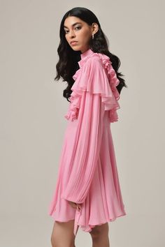 Pink georgette double-layered dress with ruffled detailing. - Aza Fashions Elegant Ruffled Chiffon Dress For Spring, Chic Fitted Chiffon Dress With Ruffles, Spring Chiffon Ruffle Dress With Ruffled Skirt, Spring Ruffle Dress With Chiffon Ruffled Skirt, Feminine Long Sleeve Georgette Dress, Ruffled Georgette Chiffon Dress For Party, Chiffon Dress With Ruffled Skirt, Chiffon Ruffle Dress For Spring Evening, Feminine Chiffon Dress With Ruffled Skirt