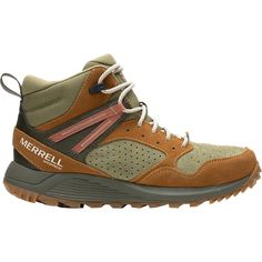 a brown and green shoe with white laces on the outstep, which reads merrell