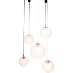 three lights hanging from the ceiling with four bulbs on each one and two are white