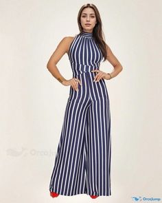 Orcajump - Seductive Striped Jumpsuit with Backless Design and Wide-Leg Pants Backless Design, Striped Jumpsuit, Pant Length, Waist Circumference, Leg Pants, Wide Leg Pants, Belts, Wide Leg, Jumpsuit