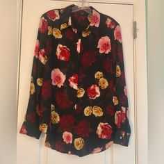 New Tahari Flowing Button-Up Blouse Collar And Cuffs Semi Sheer But Only Slightly Pink , Red , Yellow Roses Print Poly Machine Washable Size Medium Never Worn Blouse Collar, Roses Print, Collar Blouse, Yellow Roses, Collar And Cuff, Pink Red, Red Yellow, Button Up, Top Blouse