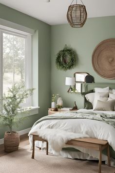 a bedroom with green walls and white bedding, plants on the window sill