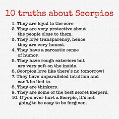 a poem written in red and black with the words 10 truths about scorpions