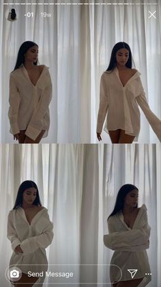 four different pictures of a woman with long hair wearing a white shirt and shorts, standing in front of a curtain