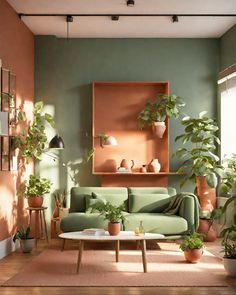 a living room filled with furniture and lots of potted plants on top of it