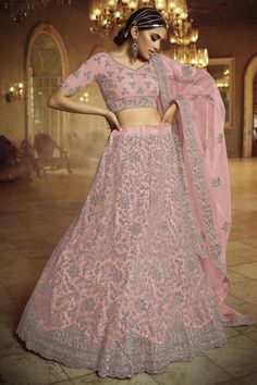 Exclusive Peach Color Net Fabric Reception Wear Lehenga Choli Pink Semi-stitched Choli With Floral Embroidery, Semi-stitched Pink Choli With Floral Embroidery, Floor-length Embroidered Choli For Reception, Embroidered Floor-length Choli For Reception, Pink Semi-stitched Gown With Floral Embroidery, Semi-stitched Pink Gown With Floral Embroidery, Floor-length Pink Choli With Floral Embroidery, Embroidered Organza Choli For Reception, Pink Floral Embroidered Choli For Reception