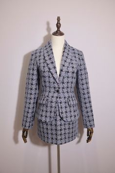 Elegant Fitted Houndstooth Tweed Jacket, Elegant Fitted Tweed Jacket With Houndstooth Pattern, Elegant Long Sleeve Houndstooth Suit, Houndstooth Pattern Suits For Office, Long Sleeve Houndstooth Suit For Office, Elegant Houndstooth Tweed Jacket For Office, Fitted Long Sleeve Plaid Sets, Long Sleeve Tweed Skirt Suit For Formal Occasions, Formal Tweed Fitted Skirt Suit